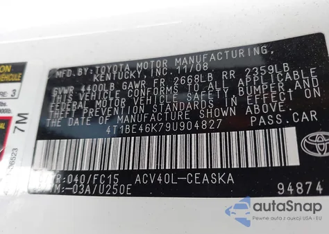 2009 Toyota Camry Se/Le/Xle z USA, uszkodzony, nr VIN 4T1BE46K79U904827